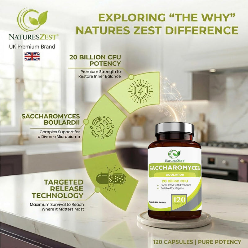 Saccharomyces Boulardii 20 Billion CFU - 120 Capsules | High Strength Prebiotics and Probiotics for Women & Men | Digestion Supplement with Natural Postbiotic Benefits | Vegan | 4 Months Supply