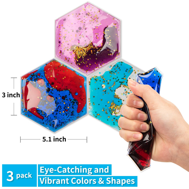 [Australia] - Art3d Hexagon Sensory Fidget Liquid Motion Tiles for Kids, Toddler, Teens - Interactive Soft Gel Liquid Play Mats for Home, Schools, Playrooms, Multi-Pack of 3 Tiles 3 √ó 5.1" Multicoloured - Style 4 