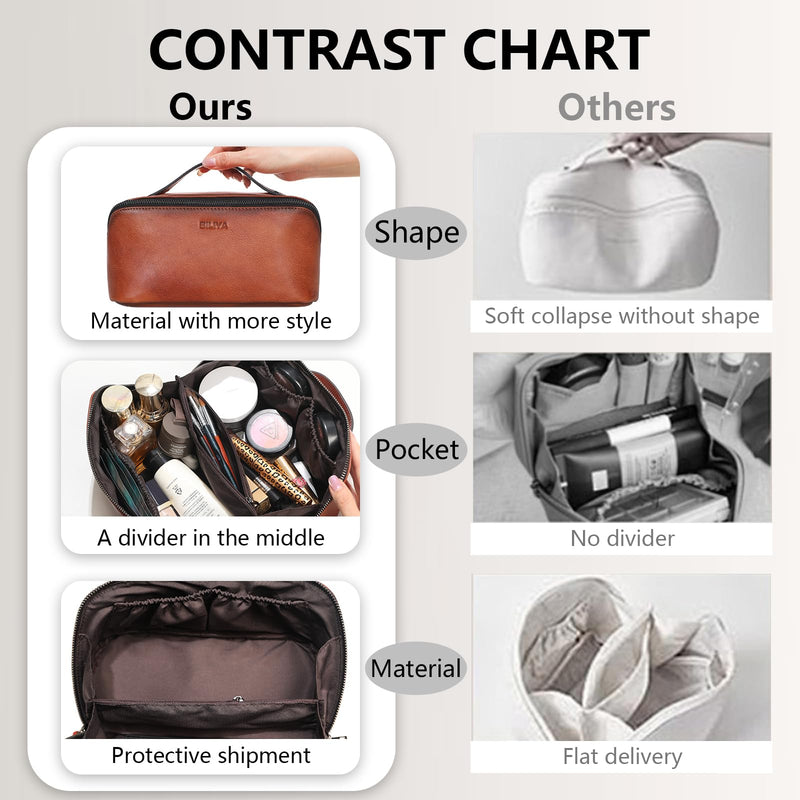 Hand Rubbed Genuine Leather Makeup Bag Vintage Brown Cowhide Cosmetic Case with Handle Handmade Travel Organizer for Women