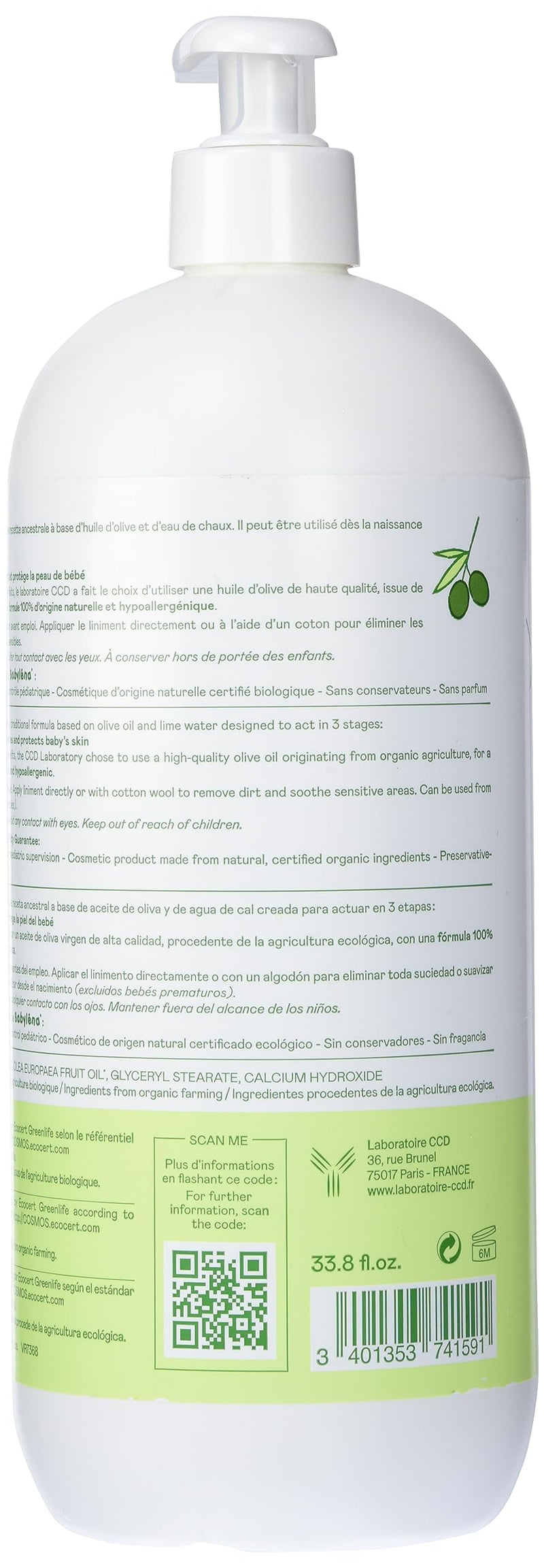 [Australia] - Babyléna BioLiniment Oil-Lime for Babies, 100% Natural Origin, 1L, Certified Organic, Fragrance Free, Liniment, Made in France 