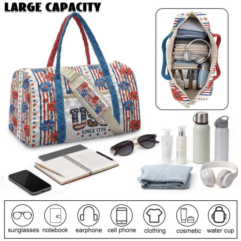 250th Anniversary USA Travel Duffle Bag for Women with Flowers on it Patriotic Overnight Bag with Crossbody Strap Portable Weekend Bag for Flying