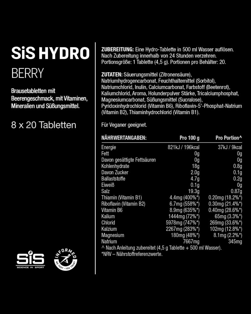 [Australia] - Science in Sport HYDRO electrolyte tablets 160 pieces. Berry - vegan & gluten-free, with sodium, calcium, potassium & magnesium for a balanced electrolyte household, 180 pieces 