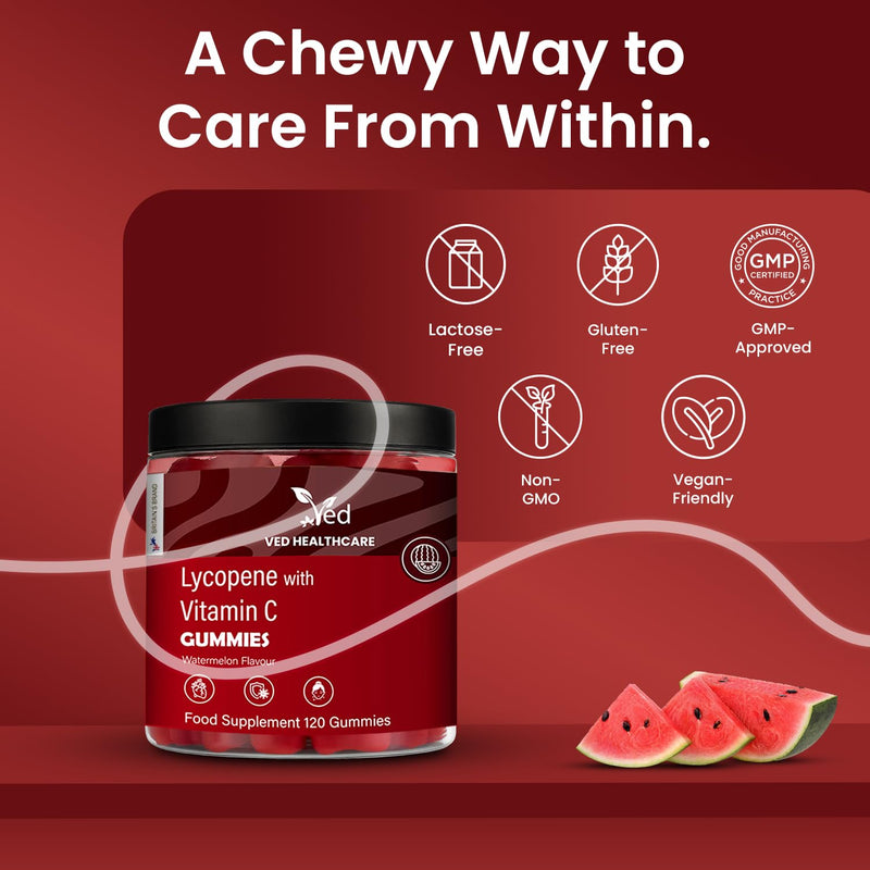 VED Lycopene Watermelon Flavour Gummies for Men & Women – Powerful Antioxidant for Skin & Vision Support, Plant-Based, Vegan, Non-GMO, 120 Count Daily Gummy Chews