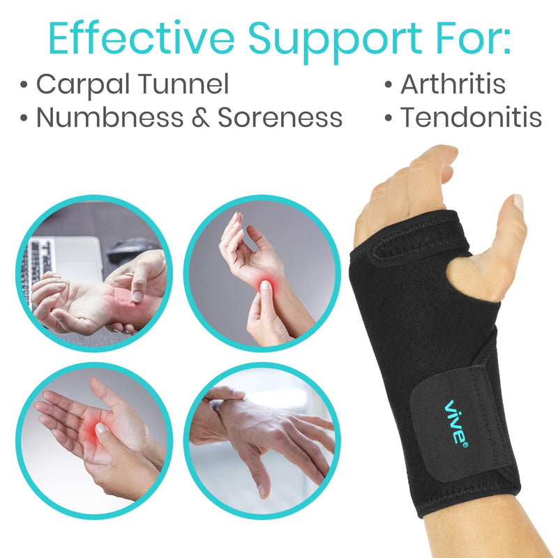 Vive Wrist Brace - Carpal Tunnel Hand Compression Support Wrap for Men, Women, Tendinitis, Bowling, Sports Injuries Pain Relief - Removable Splint - Universal Ergonomic Fit (Black, Left) Black