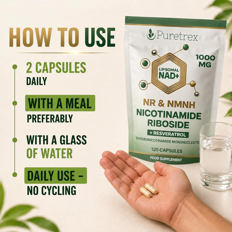 PURETREX NMNH Supplements 1000mg, Made in UK, 120 Vegan Capsules, Liposomal NAD+ Support with Nicotinamide Riboside and Resveratrol, High Strength Cellular Energy & Healthy Aging Formula