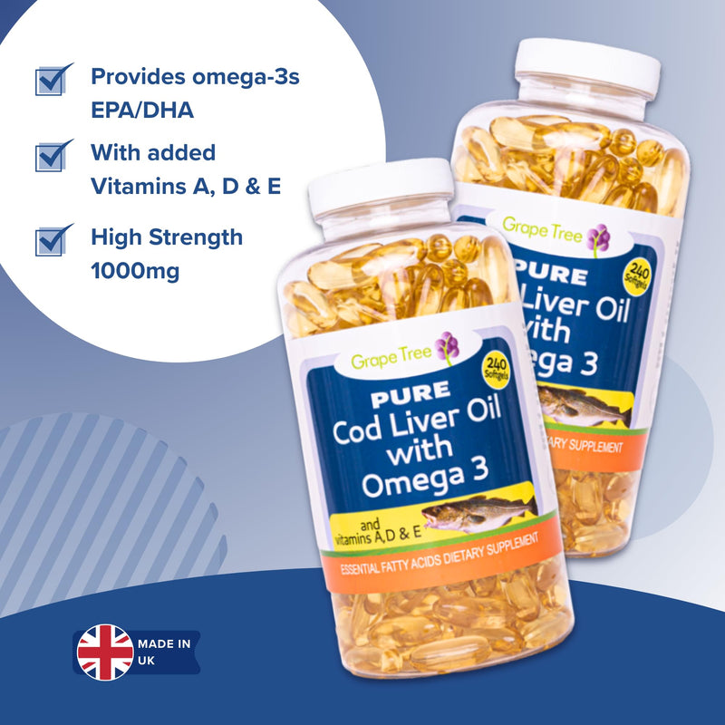 Grape Tree Cod Liver Oil 1000mg High Strength 240 Capsules. Cod Liver Oil Rich in Omega 3 EPA DHA Fatty Acids + Vitamins A, D & E High Strength Fish Oil. Supports, Heart Health, Brain, Vision, Joints