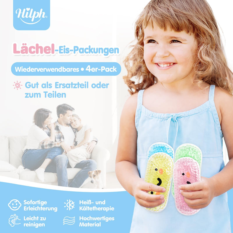 [Australia] - Hilph Mini Gel Cooling Packs Children's Cooling Pads for Children, 4 x Cold Warm Compress Non-Toxic Small Ice Packs Cooling Pads for Fever, Bumps, Bruises, Toothaches or Headaches, 2.5" x 5.3" Rectangular (Smile Pattern) 