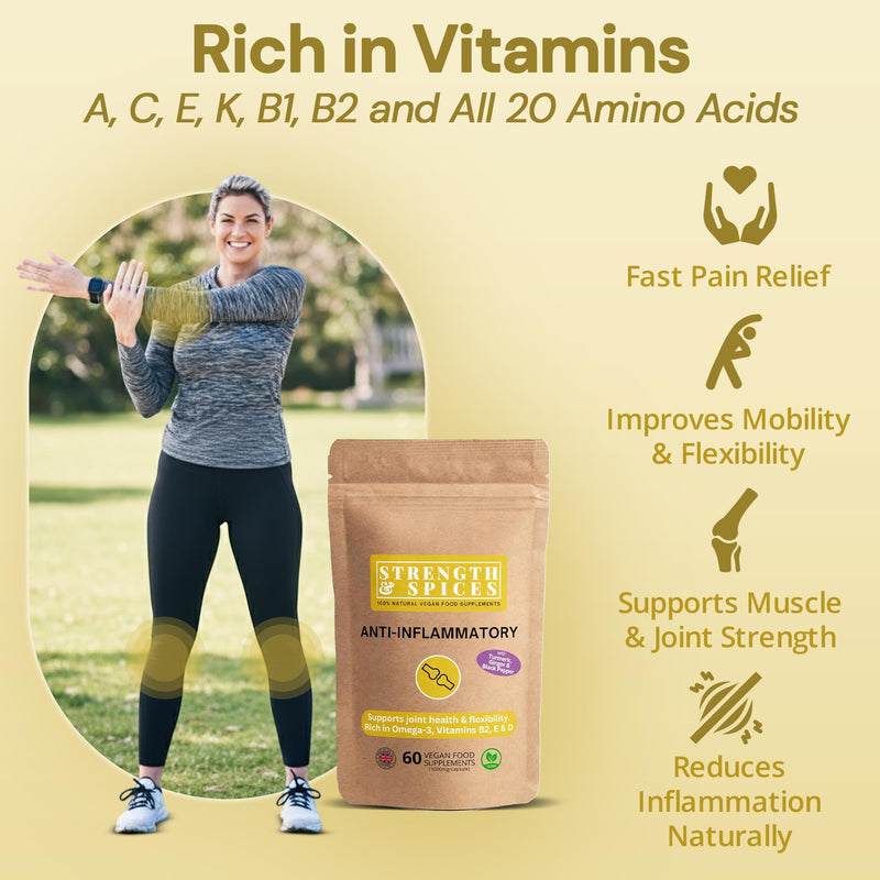 Strength & Spices Anti-inflammatory, Muscle and Joint Care Supplements for Mobility and Recovery, Turmeric Capsules with 28 Powerful Ingredients, Vegan and All-Natural, 1000mg, 60 Capsules, Refill Paper Bag