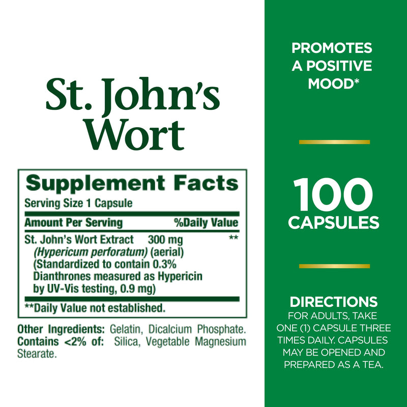 [Australia] - Nature's Bounty St. John’s Wort 300mg Capsules, Herbal Health Supplement, Promotes a Positive Mood, 100 Capsules 1 Count (Pack of 100) 