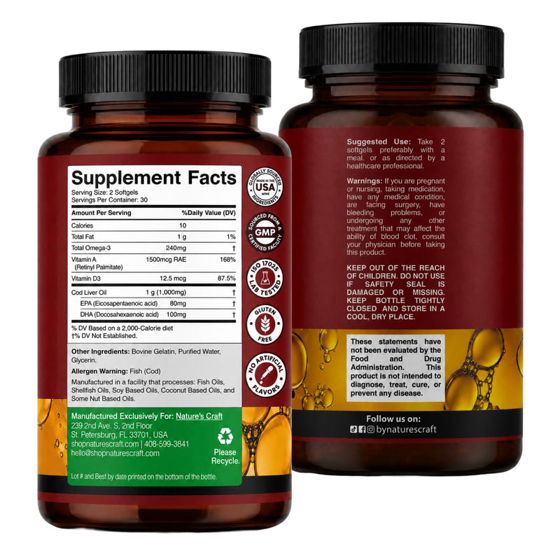 Cod Liver Oil Capsules, Omega 3 Fish Oil, 30-Day Supply, 60 Mini Softgels | 1,000 mg per 2-softgel serving with 240 mg total omega-3s, EPA & DHA, vitamins A & D3, from wild-caught Icelandic cod 60 count (Pack of 1)