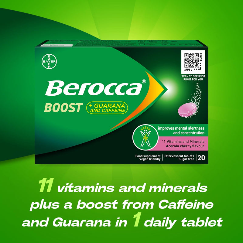Berocca Boost Effervescent Tablets with Guarana, Caffeine and Vitamin B12, Also Contains Vitamin C and Magnesium, 1 Pack of 20-3 Weeks Supply