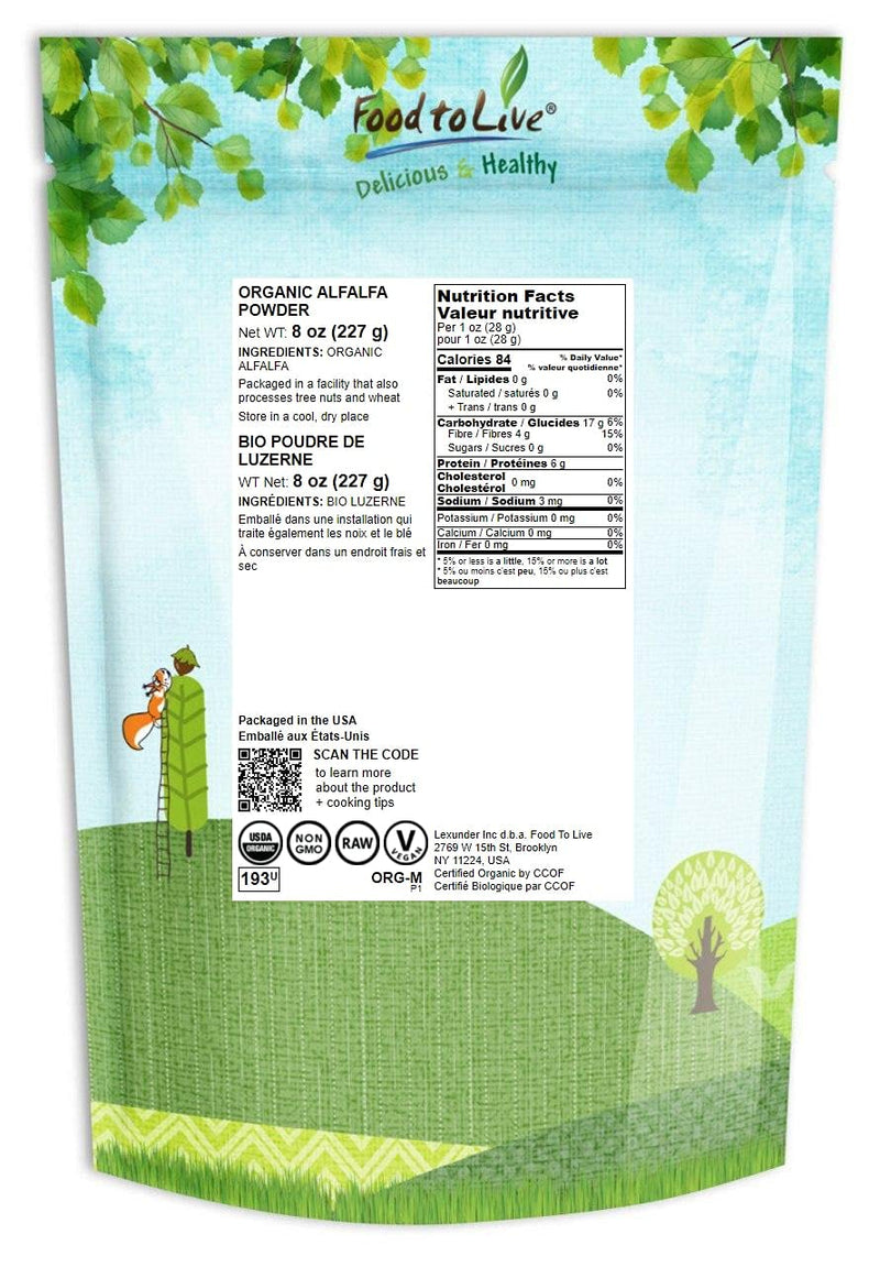 [Australia] - Food to Live Organic Alfalfa Powder, 8 Ounces - Non-GMO, Made from Raw Dried Whole Young Leaves, Vegan, Bulk, Great for Baking, Juices, Smoothies, Shakes, Tea, Drinks. for Dietary Fiber and Protein 8 Ounce (Pack of 1) 