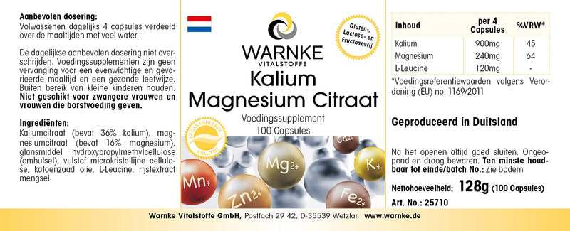 [Australia] - Potassium-magnesium citrate 100 capsules, high dosage, vegan, organic minerals, highly bioavailable | Warnke vital substances - German pharmacy quality 