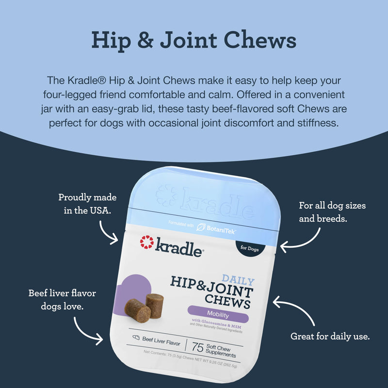 Kradle Daily Hip & Joint Chews - Mobility & Comfort Chews & Stress-Relief Support for Dogs - Soft Calming Chews with Soothing Ingredients - for All Dog Breed & Sizes - 75 Count Jar 75-count - PawsPlanet Australia