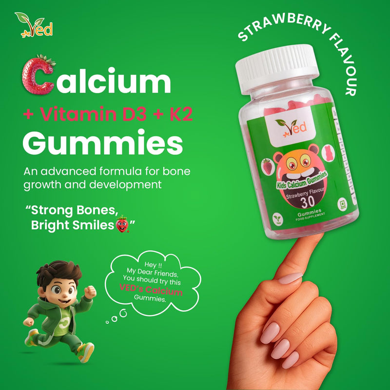 VED Calcium Gummies for Kids,15 Day Supply, Natural Strawberry Flavour, 30 Chewable Vegan, Vegetarian Friendly, Energy & Immune System, GMO & Gluten Free. Kids Calcium Gummies