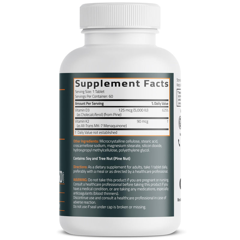 Bronson Vitamin K2+D3 2 in 1 Support Vitamin K2 as MK-7, 60 Tablets | Vegan 2-in-1 Bone & Heart Health Support Formula, Gluten Free, Non GMO 60 Count (Pack of 1)