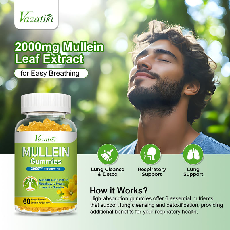 [Australia] - Mullein Gummies, Mullein Leaf Extract with Bromelain, Quercetin, Pine Bark Support Lung Cleanse for Healthy Breathing, 120ct Mango 60 Count (Pack of 2) 