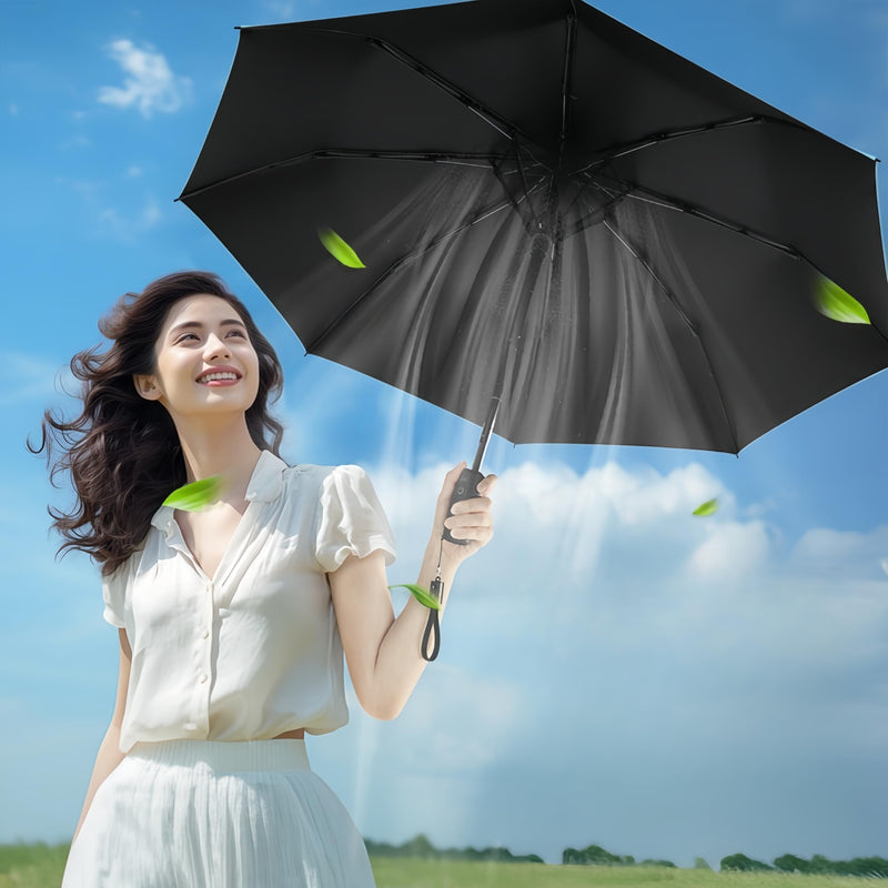 2-in-1 USB Rechargeable Cooling Umbrella with Built-In Fan | UV Sun Protection & Portable Design for Outdoor Activities Black