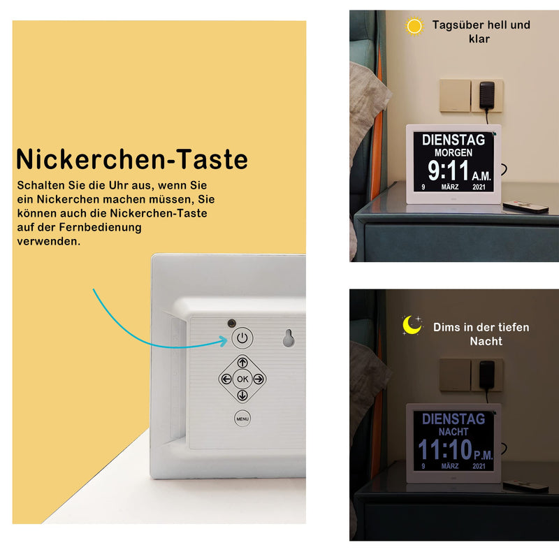 [Australia] - Véfaîî 2024 New, 19 Alarms Electronic Day Date Calendar Clock, Non-Abbreviated Day Date Large Clock for Seniors with Dementia Alzheimer - with Remote Control - 8 Inch with Remote Control Black 