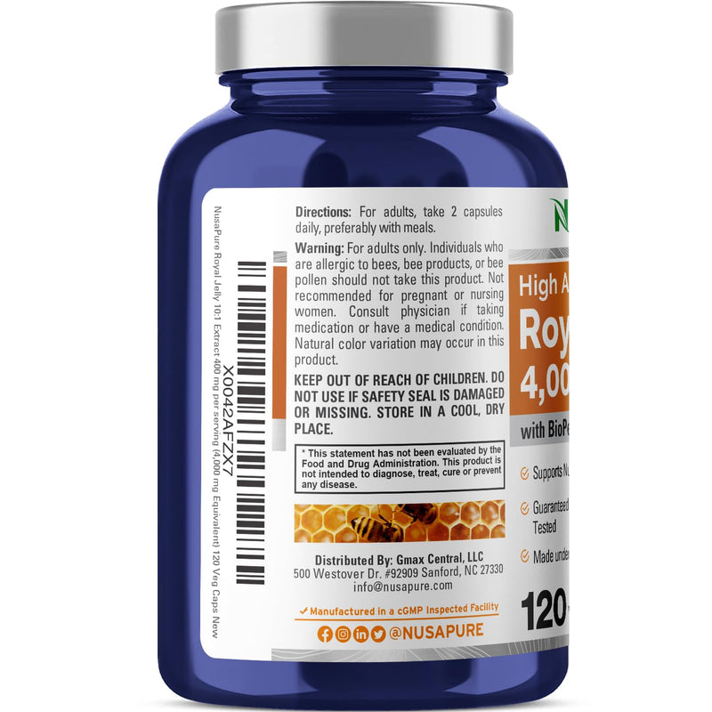 [Australia] - NusaPure Royal Jelly 4000mg - 120 Veggie Capsules (Non-GMO, Gluten Free, Bioperine) 