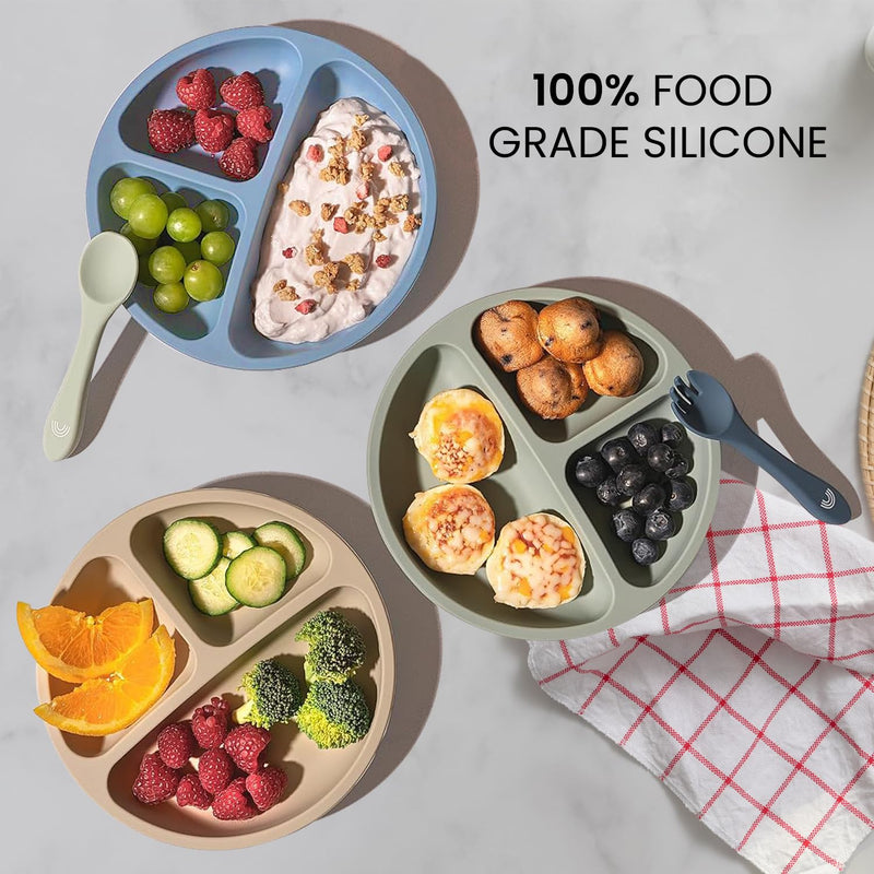 [Australia] - Cutebe 3 Pack Suction Plates for Baby Food Grade Silicone Baby Plates with Suction Microwave & Dishwasher Safe Toddler Plates Divided Design & Raised Edges Toddler Dishes for Feeding Blue/green/brown 