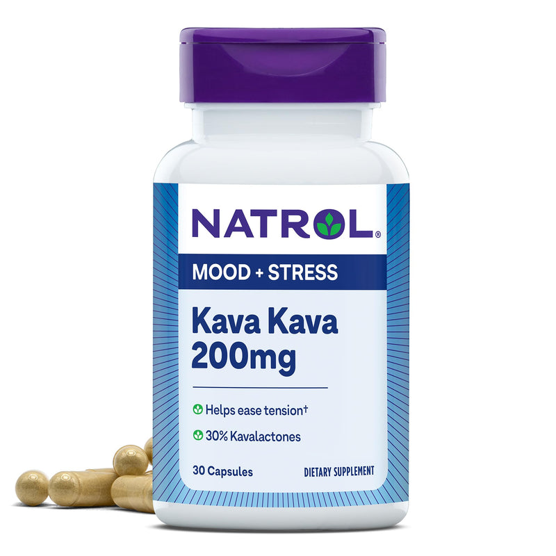 Natrol Mood & Stress Kava Kava 200mg, Dietary Supplement for Relaxation and Eases Tension, 30 Capsules, 15-30 Day Supply Unflavored 30 Count (Pack of 1)