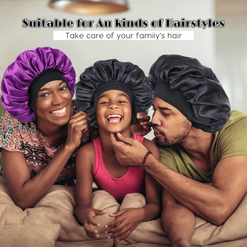 [Australia] - Silk Bonnet for Sleeping Double Layer Satin Bonnet Adjustable Bonnets for Black Women Sleep Cap Reversible Hair Bonnet for Curly Hair (Black and Purple) Black and Purple 