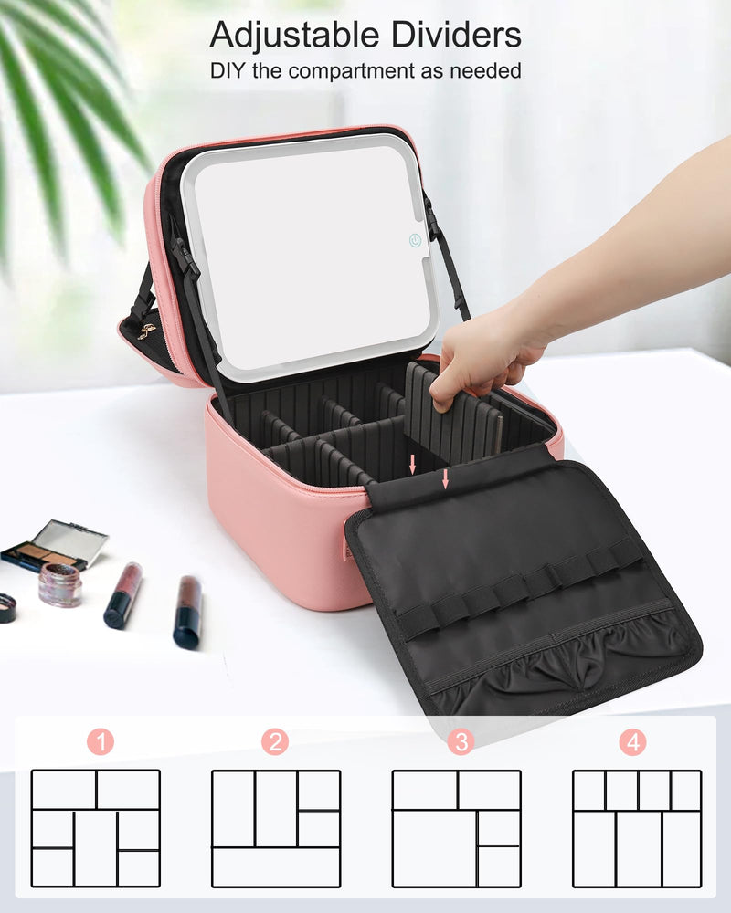 Chomeiu Makeup Bag with LED Mirror, 2 Layer Travel Makeup Case for Women | USB-C Detachable Mirror, Adjustable Dividers, Removable Brush Holder, High Quality PU Leather, Easy-to-clean, Double Zipper A-Small 05-Pink 2 Layer