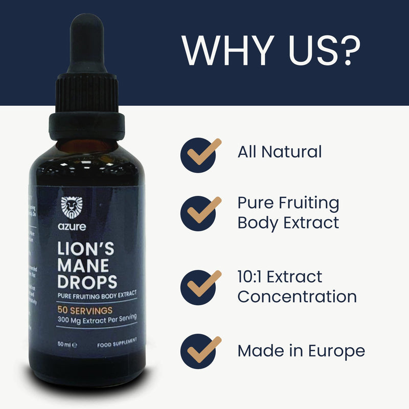 Azure Lion's Mane Drops 10:1 – High-Strength Fruiting Body Extract, Up to 600mg per Day – Alcohol-Free Liquid Supplement for Focus, Memory & Clarity – Vegan Natural Brain Support - 50 ml / 50 Servings