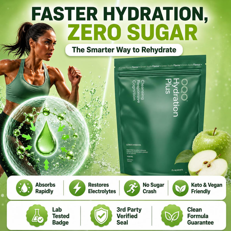 OQO® Hydration Electrolytes Sachets | Hydration Powder Packed with Vitamins B6 & B12, Sodium, Potassium, Magnesium & BCAAs - Zero Sugar Hydration Sachets | 25x Electrolyte Sachets | Green Apple 25pk (Green Apple)