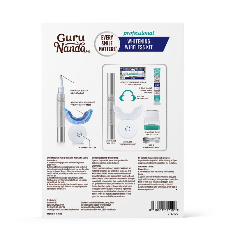 GuruNanda Teeth Whitening Kit - 8% Hydrogen Peroxide Teeth Whitening Gel Pen & Advanced Wireless LED Accelerator Light, Upto 10 Shades Whiter Teeth, Professional Dentist-Inspired System, 40 Treatments Pack of 1
