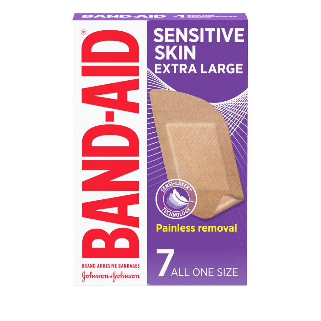 Band-Aid Brand Adhesive Bandages for Sensitive Skin, Hypoallergenic First Aid Bandages with Painless Removal, Stays on When Wet & Suitable for Eczema Prone Skin, Extra Large Size, 7 ct 7 Count