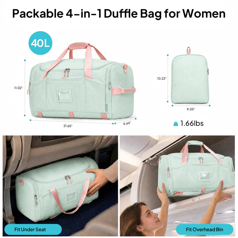 TOPEAST Foldable Duffle Bag for Travel, Large Travel Duffel Bags for Women | 4 in 1 Travel Backpack, Carry on Weekender Bags for Women Travel, 40L Capacity, Multi-Pocket, Water-resistant, Green