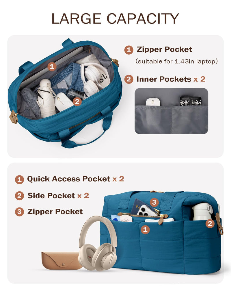 Tuwubi Travel Duffel Bag, Puffer Gym Bag for Women Weekender Overnight Bags, Carry On Luggage Tote Hospital Bag for Women Labor Delivery with Toiletry Pouch(Tale Blue, L) Tale Blue Large