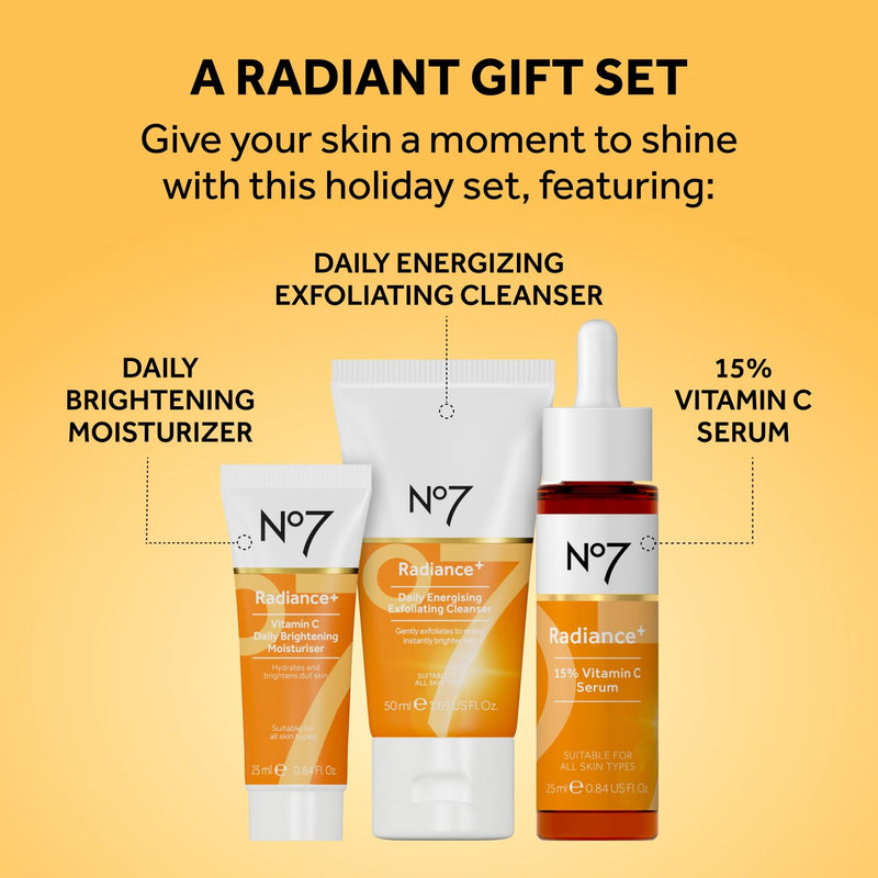No7 Radiance Trio Gift Set - Includes Radiance+ Brightening Vitamin C Face Moisturizer, 15% Vitamin C Facial Serum, and Daily Energizing Exfoliating Face Wash (3 pieces)