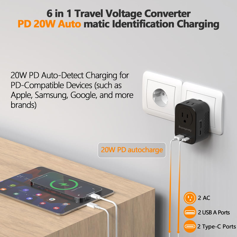 220V to 110V Voltage Converter US to Europe, Travel Adapter with PD 20W USB-C, 2 USB-A Ports, 2 US Outlets, Power Converter Plug for Spain Italy France Germany, Black-M