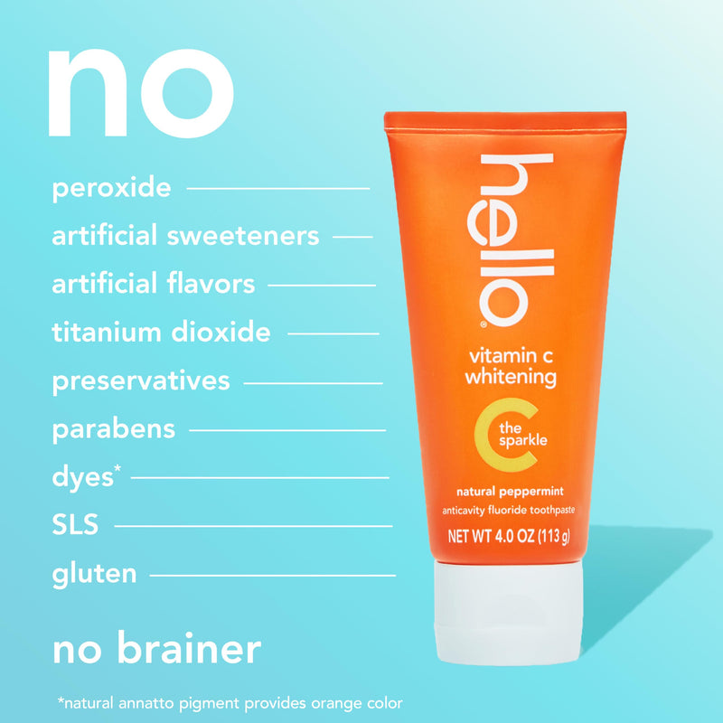[Australia] - hello Vitamin C Whitening Toothpaste with Fluoride, Whitening SLS Free Toothpaste Pack, Up to 2 Shades Whiter Teeth, No Peroxide, Safe for Everyday Use, Natural Peppermint, 2 Pack, 4.0 Oz Tubes 4 Ounce (Pack of 2) 