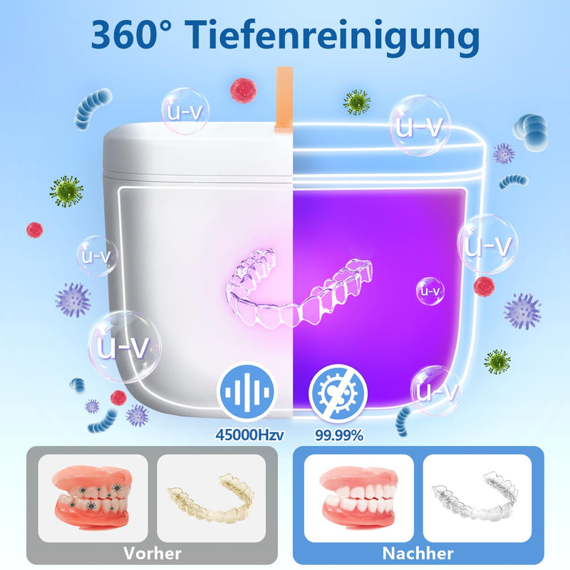 [Australia] - Livofloral UV Ultrasonic Cleaner for Dentures, UV Ultrasonic Cleaner 45kHz / 255ML / 3 Time Function Portable Ultrasonic Device for Dentures Jewelry Toothbrush Head Aligner Retainer, White White 255 ml 