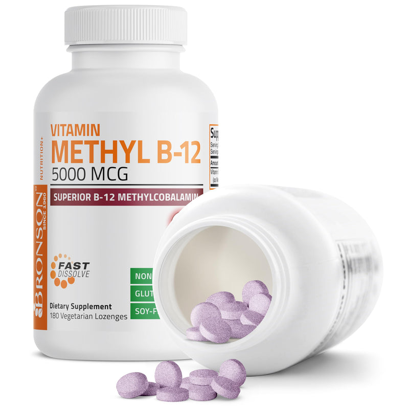 Bronson Methyl B12 5000 mcg Methylcobalamin Sublingual, 180 Lozenges | Fast Dissolve Cherry Flavor, Energy, Brain & Nervous System Support, Vegan, Non-GMO, Gluten-Free & Soy-Free 180 Count (Pack of 1)