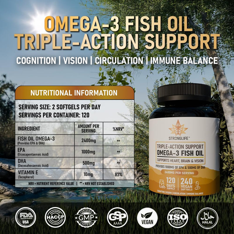 Omega 3 Fish Oil Supplement 3600mg | High Strength EPA & DHA | Brain, Heart, Joint & Eye Support | Premium Omega 3 Softgels for Men & Women | 240 Softgels – 120 Day Supply