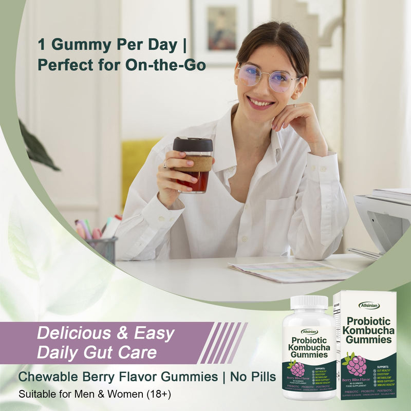 90 Vegan Probiotics Kombucha Gummies | Prebiotics, Probiotics, Postbiotics, Supplement with Fibre, Slippery Elm, Dandelion Root & MCT Oil | Supports Gut Health & Bloating for Men & Women