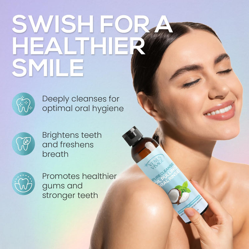 Venus Visage Coconut Oil Pulling for Teeth with Tongue Scraper, 8 fl oz - Peppermint & Coconut Pulling Oil for Teeth and Gums - Alcohol-Free Oil Pulling Oral Rinse