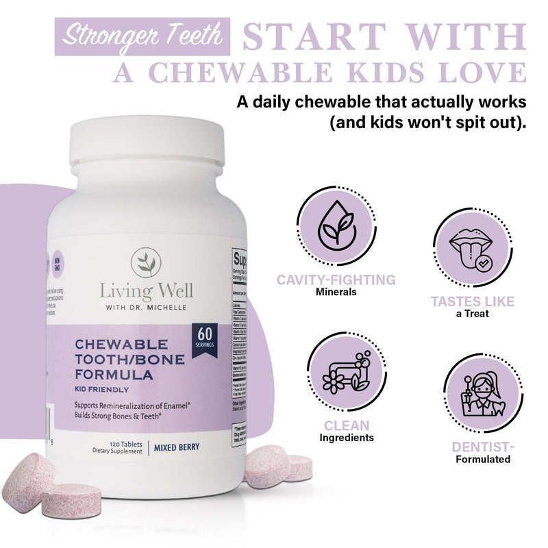 Living Well Kids Calcium and Tooth Support Chewable, Berry, with D3 + K2 | Bone Health, Magnesium & Zinc, Strong Teeth & Enamel Defense, Fluoride-Free, Non-GMO