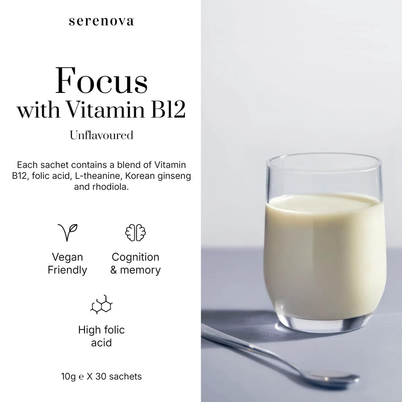 Serenova Vitamin B12 Focus Sachets 30 x 10g | with L-Theanine, Rhodiola Rosea & Korean Ginseng | Folic Acid & Creatine for Mental Clarity | Cognitive Support Supplement for Women | Vegan Friendly