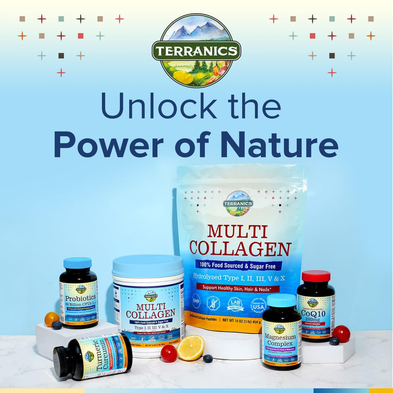Terranics Multi Collagen Peptides Powder, 1lb, 20g Per Serving, Hydrolyzed Collagen Type I II III V X, Bovine Marine Chicken & Eggshell, No Sugar, Keto, Beauty & Movements Support, Unflavored, 16oz