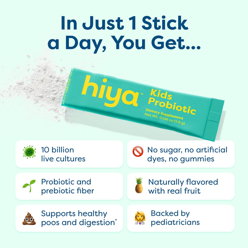 Hiya Kids Probiotic, Supports Gut Health, 20 Stick Pack for Toddlers & Kid | 10 Billion CFU with Clinically-Studied Strains for Ages 2+, Supports Gut Health & Immune, 0g Sugar, Third Party Tested