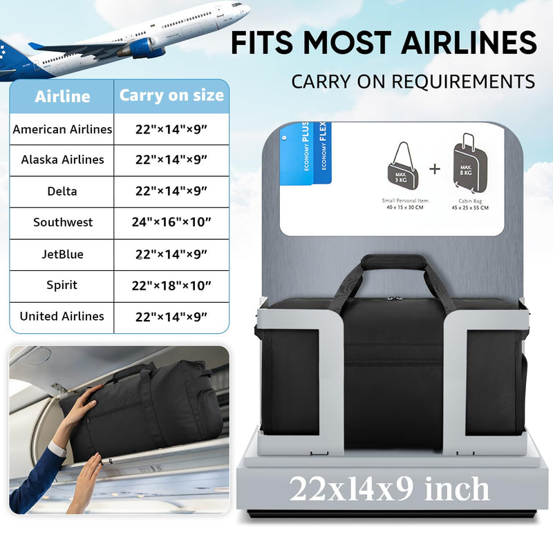 Carry On Luggage 22x14x9 Airline Approved, 45L Gym Duffle Bag for Travel | Lightweight Travel Duffel Bags with Shoe Compartment, Carry on Weekender Overnight Duffle Bag for Men Women, Black