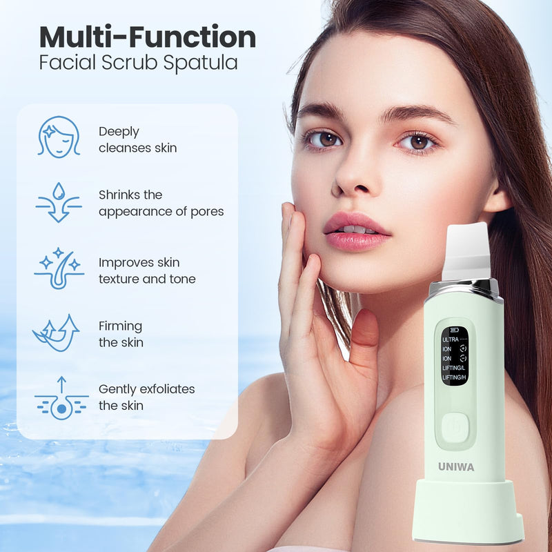 UNIWA Skin Scrubber Face Spatula, Skin Scrubber Pore Cleaner Blackhead Remover Tool for Deep Facial Cleansing - 4 Modes, Face Spatula with USB Charger, LCD Display, IPX7 Waterproof -Green