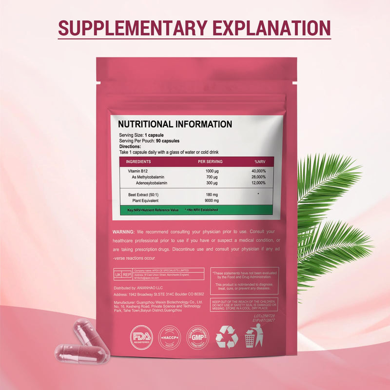 9000mg Beetroot Capsules | High Strength Vitamin B12 Complex & Beetroot Extract Supplement | Nitric Oxide Boost, Blood Pressure & Digestion Support | Rich in Vitamins & Minerals | Non-GMO & Vegan