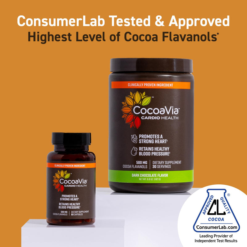 [Australia] - CocoaVia Cardio Health Supplement, 30 Day, 500mg Cocoa Flavanols, Support Heart Health, Boost Nitric Oxide, Blood Circulation, Energy, Vegan, Dark Chocolate, 60 Capsules Capsules (Pack of 1) 